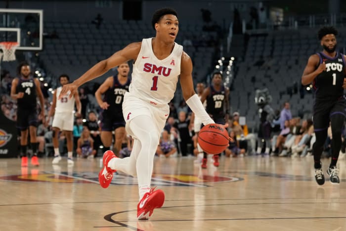 Dec 10, 2022; Fort Worth, Texas, USA; Southern Methodist Mustangs guard Zhuric Phelps (1) drives to the basket against the TCU Horned Frogs during the first half at Dickies Arena. Mandatory Credit: Chris Jones-USA TODAY Sports